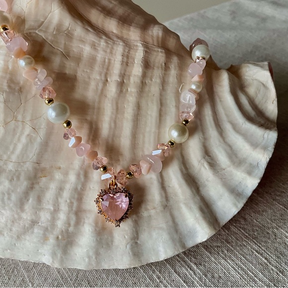 Pink and Purple Heart Shaped Necklaces with natural stones - Picture 4 of 15